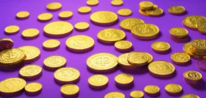 imagem de moedas douradas e fundo roxo